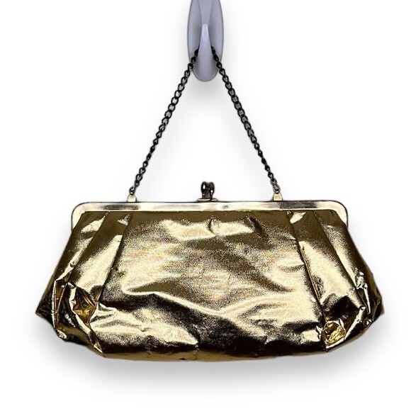 Vintage Gold Lame Metallic Kiss Lock Clasp Clutch Handbag Chain Handle Purse - Picture 1 of 12